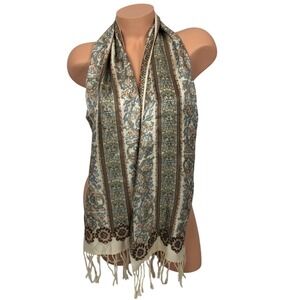 Vintage Ginnie Johansen 100% Silk Scarf Floral Paisley Print Satin Fringe Boho